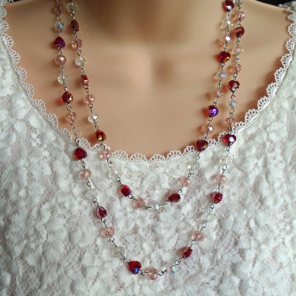 BEAUTIFUL CZECH DEEP RED HEART CRYSTAL DOUBLE STRAND BEADED NECKLACE